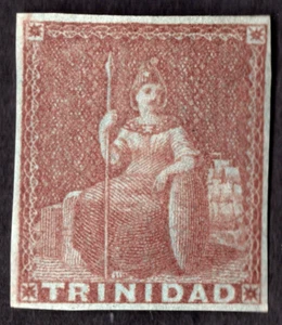 TRINIDAD 1855 Sc. #1 S.G. #8 LADRILLO ROJO IMPERFECTO SOBRE PAPEL AZULADO - Imagen 1 de 2
