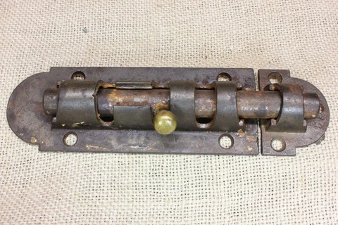 Old Door Slide Barrel Bolt Latch Rustic Cast Iron Brass Knob Vintage 6 1/2" Cover