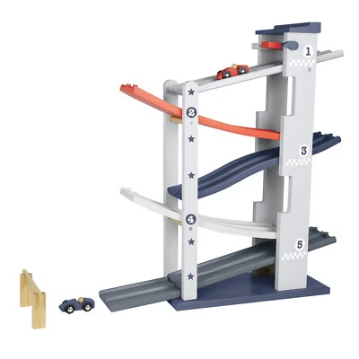 EVEREARTH Kinder Auto Rennbahn Set Spielzeug Murmelbahn Rennstrecke Turm Holz
