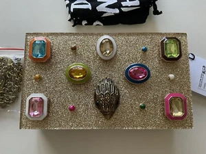 NWT Kurt Geiger Gemstone Gold Glitter Box Clutch Bag Sparkly Acrylic Purse - Picture 1 of 17
