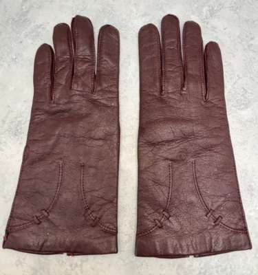     DESIGNER MAROON LEATHER WINTER GLOVES ACRYLIC KNIT LINING  SIZE 7 - Image 1 of 4