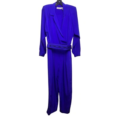 Vintage Liz Claiborne Jumpsuit Women Petite 10 Bluish-Purple Embroidered Belt - Image 1 of 4