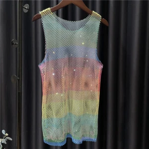 Unisex Hollow Out Rhinestone Tank Top Vest Crystal Glitter Rainbow Camisole Chic - Picture 1 of 8