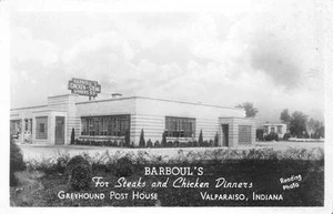 Tarjeta postal vintage RPPC BARBOUL'S Steak Dinners Valparaíso, IN Roadside años 40 - Imagen 1 de 2