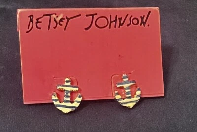 Betsey Johnson Blue White Enamel Anchor Pierced Earrings Gold Tone - Image 1 of 4