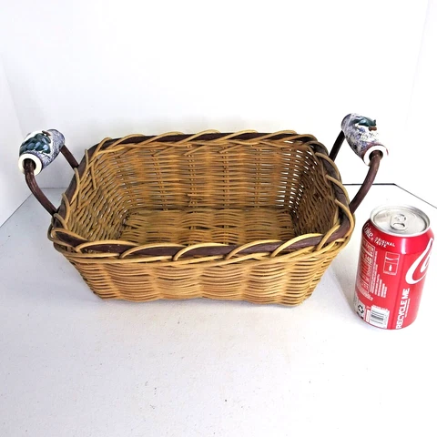 Vintage Wicker Basket w Ceramic Log Cabin Handles Approx 10 x 12 x 4.5" AS IS Cover