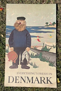 Vintage Mid-Century Modern Denmark Danish Travel Poster Fisherman Fresh Art - Picture 1 of 12