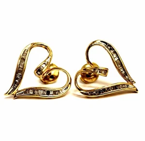 10k yellow gold .59ct I2 H baguette diamond heart earrings 4.4g clutch backs  - Picture 1 of 7