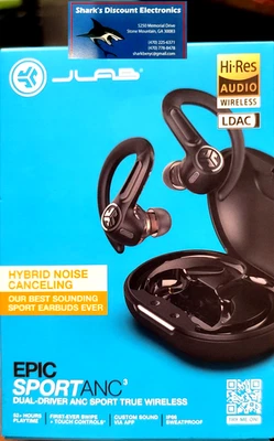JLab Epic Sport 3 Active Noise Cancelling Earbuds, Black NEW FREE SHIP - Image 1 of 3