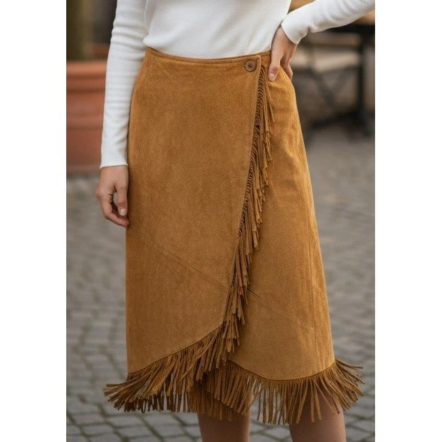 Falda envolvente vintage flecha gamuza flecos boho occidental tostado marrón midi botón talla M Foto 1 de 4