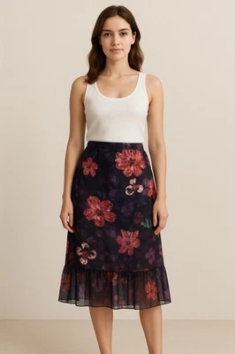 Chicos Women’s Skirt Size 2 Medium Red  Purple Floral Lined Ruffle Straight - Image 1 of 4