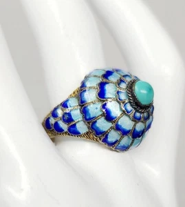 Chinese Export Silver Turquoise Enamel Ring Size 7.5 - Picture 1 of 11