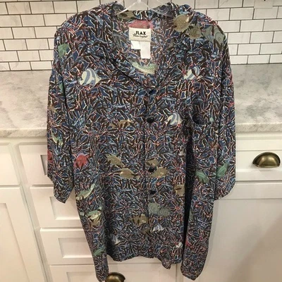 Flax Jeanne Engelhart Linen Shirt Mens XL Blue Fish  Print Button Down Vintage - Image 1 of 4