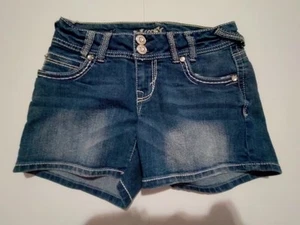 Wallflower Size 1 Embroidered Rhinestone Distressed Faded Blue Denim Shorts - Picture 1 of 10