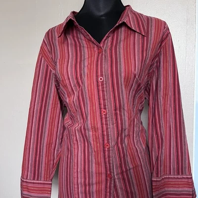 Camisa de cuello abotonado a rayas rojas y naranjas Preppy Fall años 2000 Foto 1 de 4