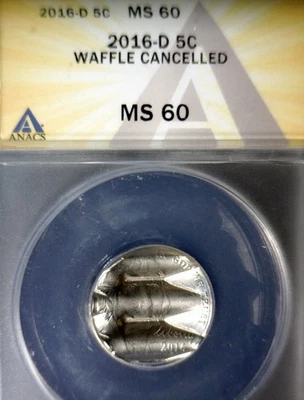 2016d ERROR ANACS MS60 WAFFLED Jefferson Nickel BU+ Coin STRUCK Waffle w Details - Image 1 of 4