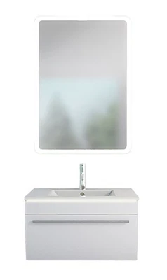 Badmöbel Set Gently 3 V1 Weiß MDF Waschtisch 70cm mit Leuchtspiegel LSP02 100x70 - Bild 1 von 4