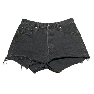 Levis 501 Shorts Womens 30 Black Button Fly Denim Cut Off High Rise Distressed - Picture 1 of 11