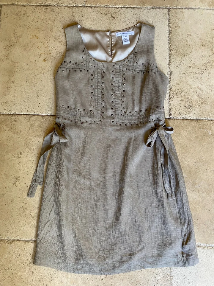 Charlotte Ronson Grey 100% Silk Studded Tie Side Mini Dress Indie Sleaze Size 2 - Image 1 of 4