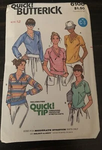 BUTTERICK 6106 MISSES' SIZE 12 KNIT T-SHIRTS SEWING PATTERN VINTAGE - Picture 1 of 2