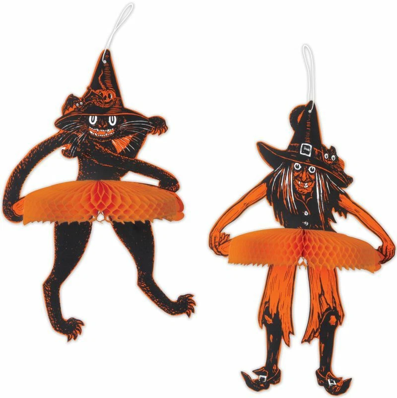 BEISTLE Vintage Halloween Hanging Tango Witch and Cat 15" 2 Pack Paper Decoration