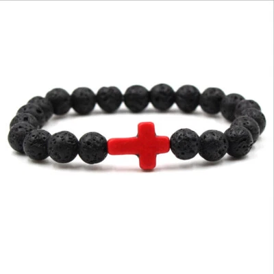 Black Nature Stone Lava Stone Bead Cross Charm Bracelets Bangles For Men Male - Image 1 of 4