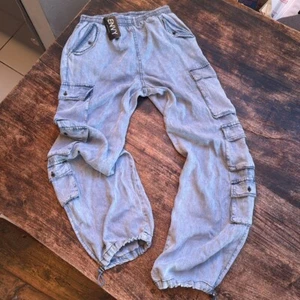 Slouchy denim cargo Light Blue Pants size oversized small light weight NWT - Picture 1 of 16