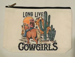 Borsa Trucco Top Tela Zip Western "Lunga Vita Cowgirls" Cattura Tutto - Foto 1 di 7