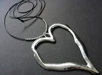 Silver Lagenlook Large Abstract Peach Heart Pendant Long Suede Leather Necklace