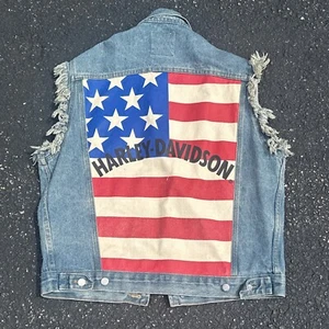 Harley Davidson American Flag Eagle Fransenärmel Denim Weste Herren Small - Bild 1 von 5