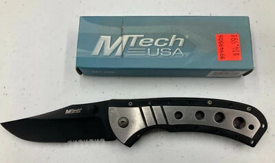 M-TECH BLK/SILVER FOLDER w/Pocket Clip (Black Plain Edge) Item# MT-088 - Image 1 of 4