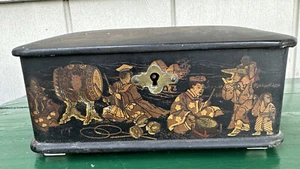 Antique Japanese Wood Jewelry Trinket Box Figures Fishing Warrior Music Tortoise - Picture 1 of 21