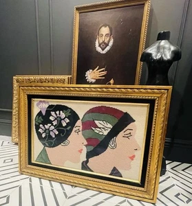 Vintage Needlepoint Crosstitch Roaring ‘20s Art Nouveau Flapper Women Prof Frame - Picture 1 of 21
