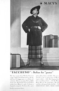 1934 Ad Macy's "Facchino" Porter Coat Velveteen Tyrrhenian Blue Cypress Green - Picture 1 of 1