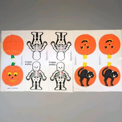 Vtg HALLOWEEN 5 Pillow Fabric Panels CUT & SEW Pumpkin JOL Cat Skeleton 80s Lot  - Image 1 of 4