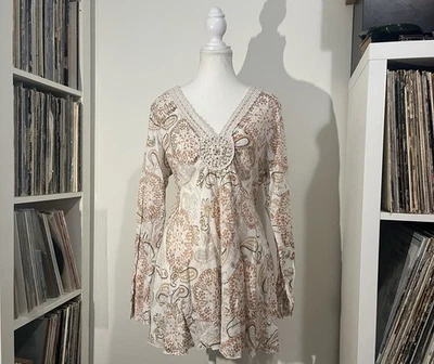 Y2K No Boundaries Boho Cotton Peach Paisley Beaded Tie Back Tunic Top Women’s L - Image 1 of 4