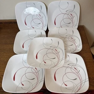 Lot of 7 Corelle Vitrelle Splendor Square Lunch Salad Plates Red Gray Swirl 9” - Picture 1 of 8