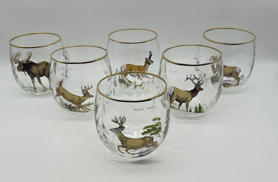 SET OF 6 Wild life  BARWARE with gold rim Moose white tailed deer and more - Image 1 of 4