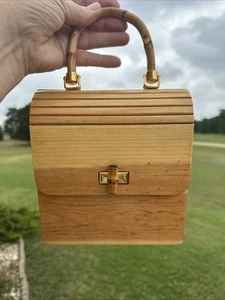 Cartera de mano vintage Timmy Woods de listones de madera natural con mango de bambú BoHo *Leer* - Imagen 1 de 14