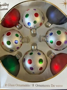 Sparkling Creations Glass Christmas Ornaments Mixed Colors Dots Box of 8 NIOB - Picture 1 of 4