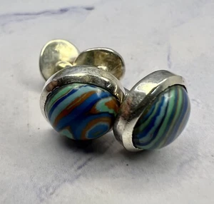 Vintage 925 Sterling Silver Multicolor Ceramic Swirl Signed Cufflinks - Picture 1 of 6