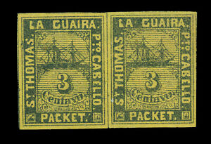 DWI 1864 Steamship - St.Thomas - La Guaira - 3c yellow Yvert # 5 mint MH/NH PAIR