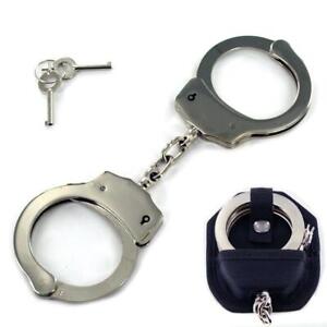 Professional Handcuffs Silver Steel Police Duty Double Lock w/ Keys and Case NEW