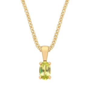 9ct Yellow Gold Natural Peridot Oval Solitaire Pendant + 18" Chain - August - Picture 1 of 7
