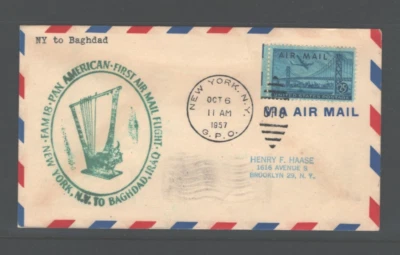 NEW YORK TO BAHDAD PAN- AM 18, INAUGURAL FLIGHT COVER, 10/06/1957.  As per Scan - Image 1 of 2