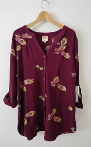 NWT Fig & Flower Anthropologie 3X Boho Button Shirt Roll Tab Floral Embroidered - Picture 1 of 9