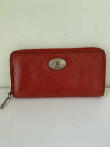 Fossil Red Snakeskin Zip Around Wallet Slim  Leather - Picture 1 of 9