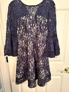 Eliza-J Navy Lace overlay bell sleeve semi-formal Dress (see photos) - Picture 1 of 8