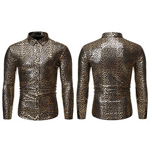 Mens Sparkly Sequin Shirt Long Sleeves Button Tops for Nightclub 70s Disco Party