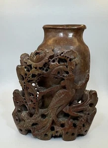 Vintage Red Carved Antique Chinese Soapstone Flower Vase - Picture 1 of 12